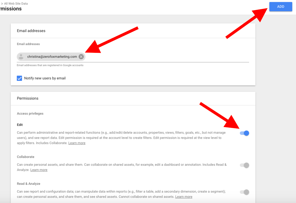Last step to add a user to Google Analytics